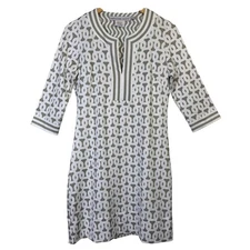 Gretchen Scott XS Gray White Geometric Print 3/4 Sleeve Dress Classic Luxe *Read