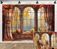 10x8ft Vinyl Fall Window Backdrop Autumn Forest Scenery Fall Pumpkin Maple Le...