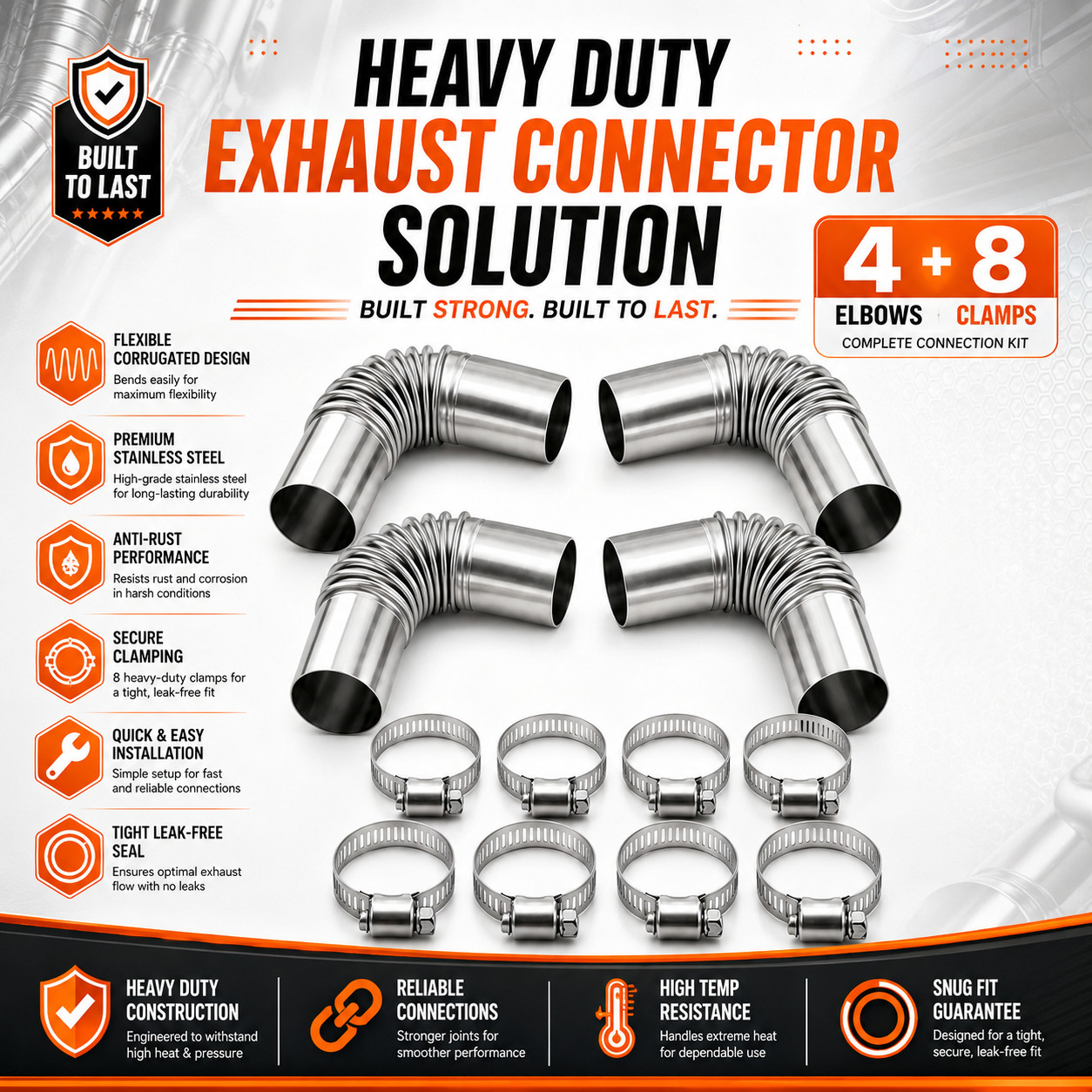 4PCS 24mm Diesel Heater Exhaust Pipe Flexible Stainless Steel Parking Hose Kit