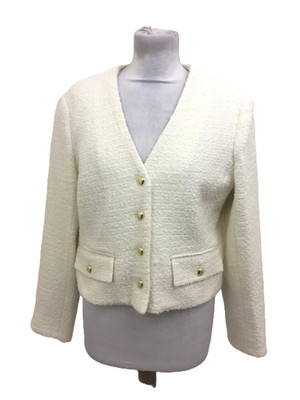 M&S Women's Jacket Ivory Boucle Gold Buttons Collarless Flap Pockets New