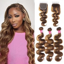 Human Hair Bundles Closure Body Wave 14 16 18 14in P4/27 Blonde Brown Brazilian
