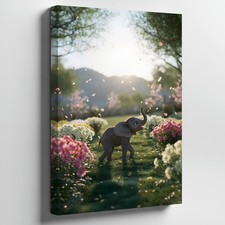 Charming Baby Elephant Stands Playfully In A Vibrant, Sunlit Meadow Wall Art