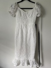 PrettyLittleThing White Floral Square Neck Puff Sleeve Lace Ruffle Zip Midi US 4