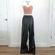 Forever 21 Black Faux Leather Cargo Pants Large NWT Wide Leg Utility Grunge Y2K