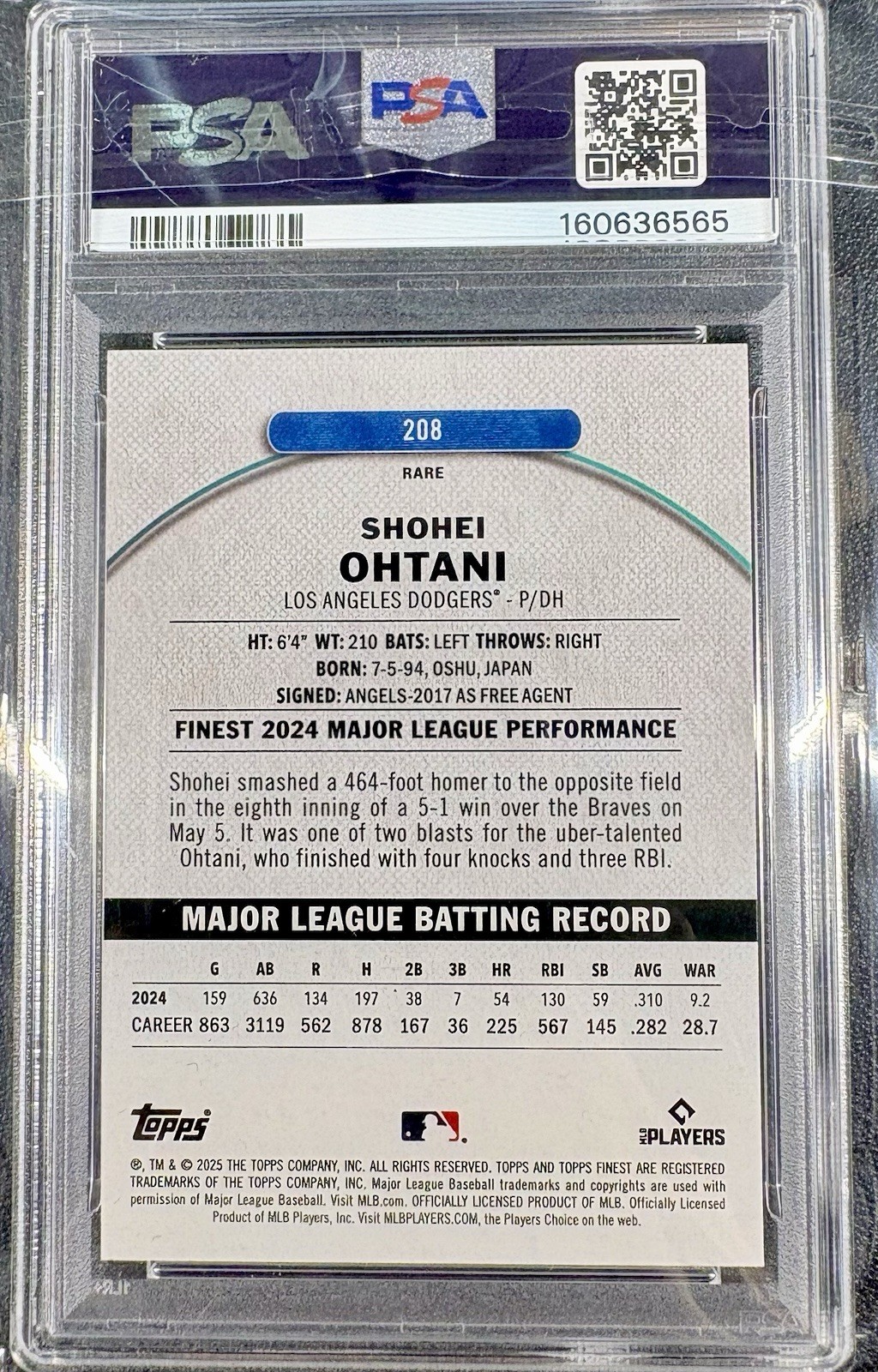 2025 Topps Finest - Rare Shohei Ohtani #208 Checkerboard Refractor PSA 10 view 2