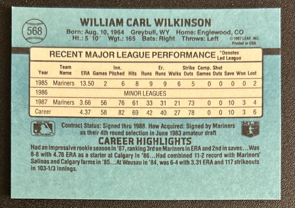 1988 Donruss Bill Wilkinson Baseball Card #568 Mariners Pitcher VG O/C - Image 2 of 2