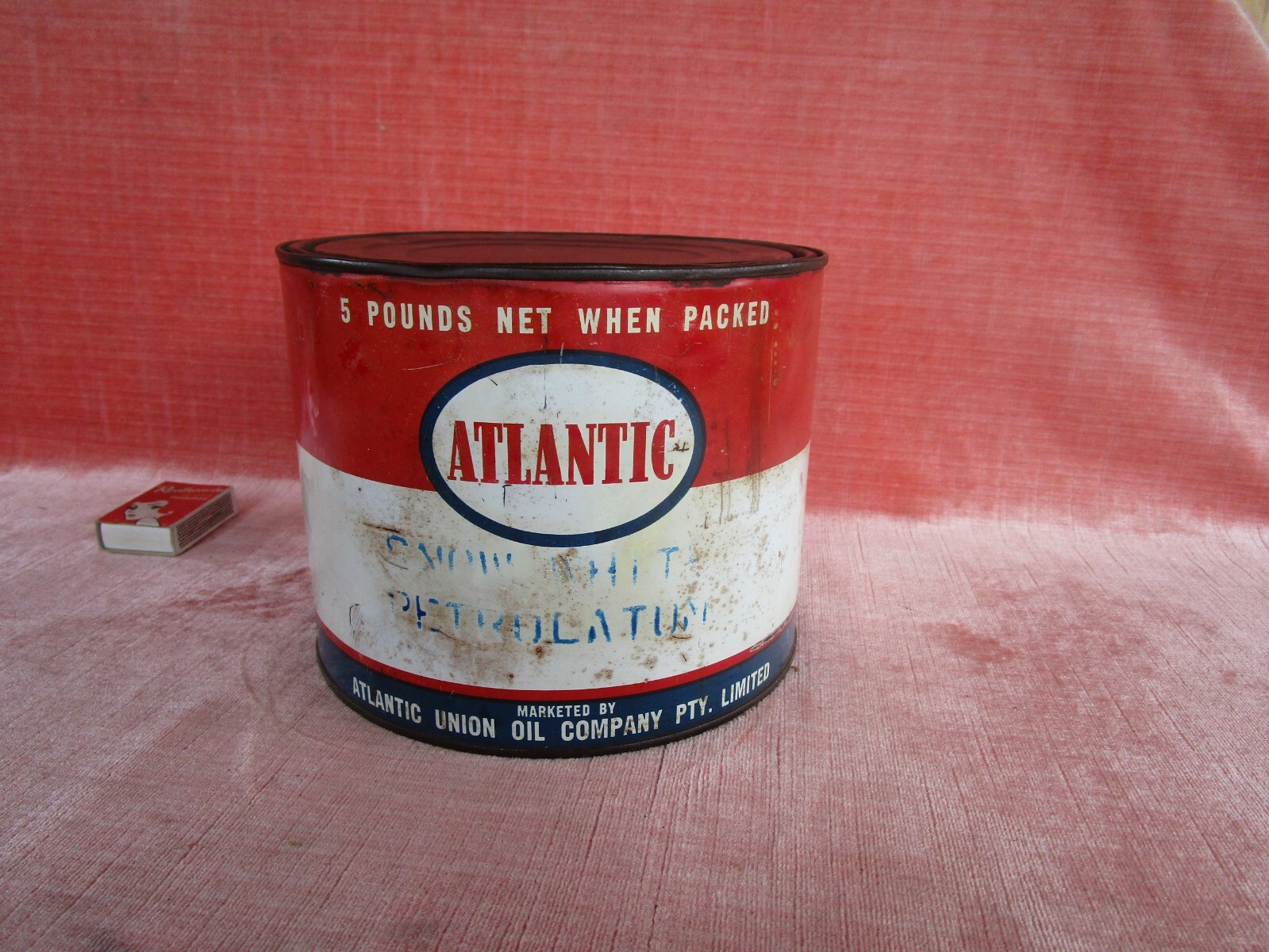 OLD RARE LARGE 5LB ATLANTIC GREASE TIN CAN ATLANTIC OIL Co VINTAGE CAR