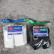 Boys Hanes Socks 12 Pair WHITE CREW 12 Pair BLACK ANKLE Shoe Size 9-2.5 NEW 24pr