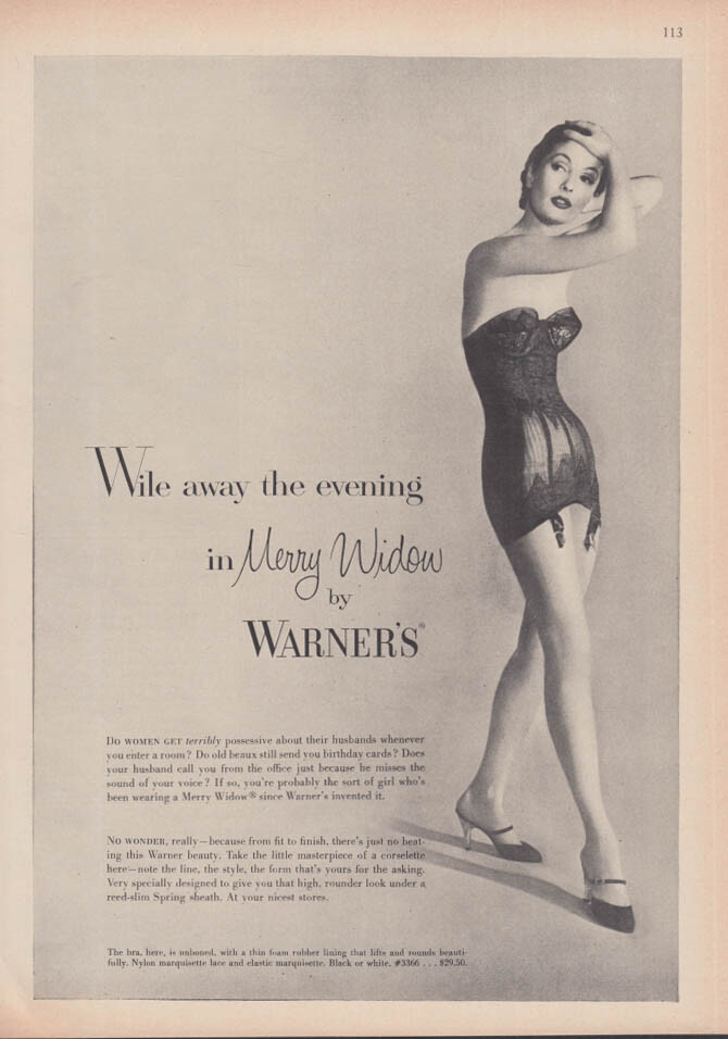 Wile away the evening in Merry Widow long-line girdle/bra by Warner's ad 1956 NY
