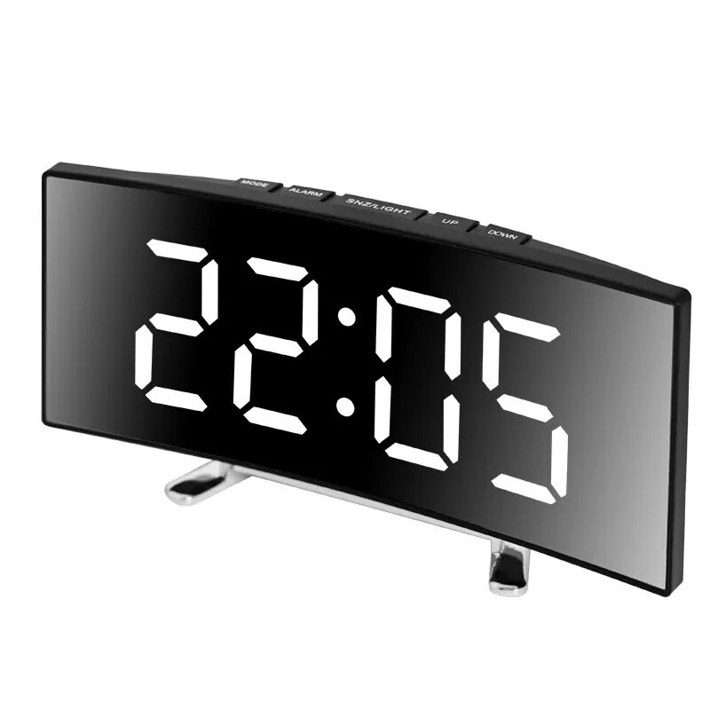 Curved Mirror Digital LED Large Alarm Clock Snooze Temperature NightMode Battery