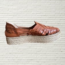 Vintage 70s Brown Leather Platform Sandal Woven Leather Raffia Platform Size 6
