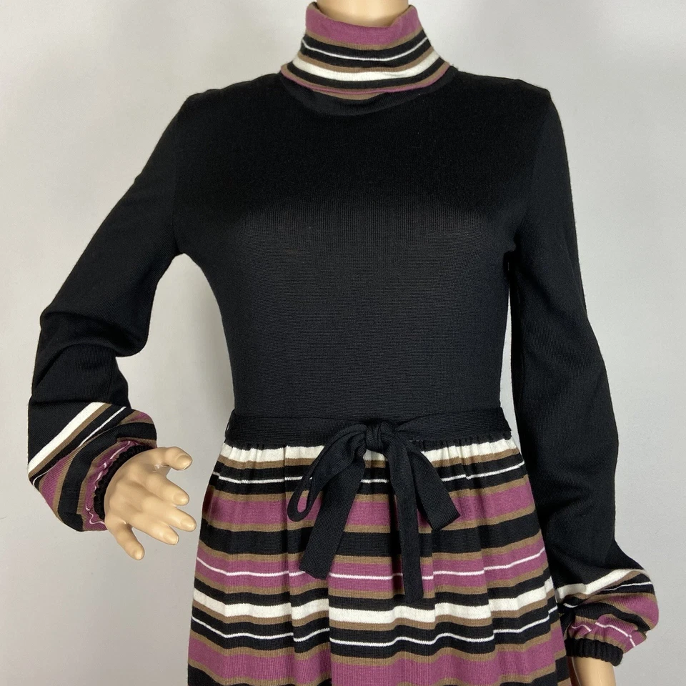 Vestido Suéter de Lana Tejido Sears Años 70 De Colección Talla S - M Cuello Alto Rayas Cinturón Modesto Foto 2 de 4