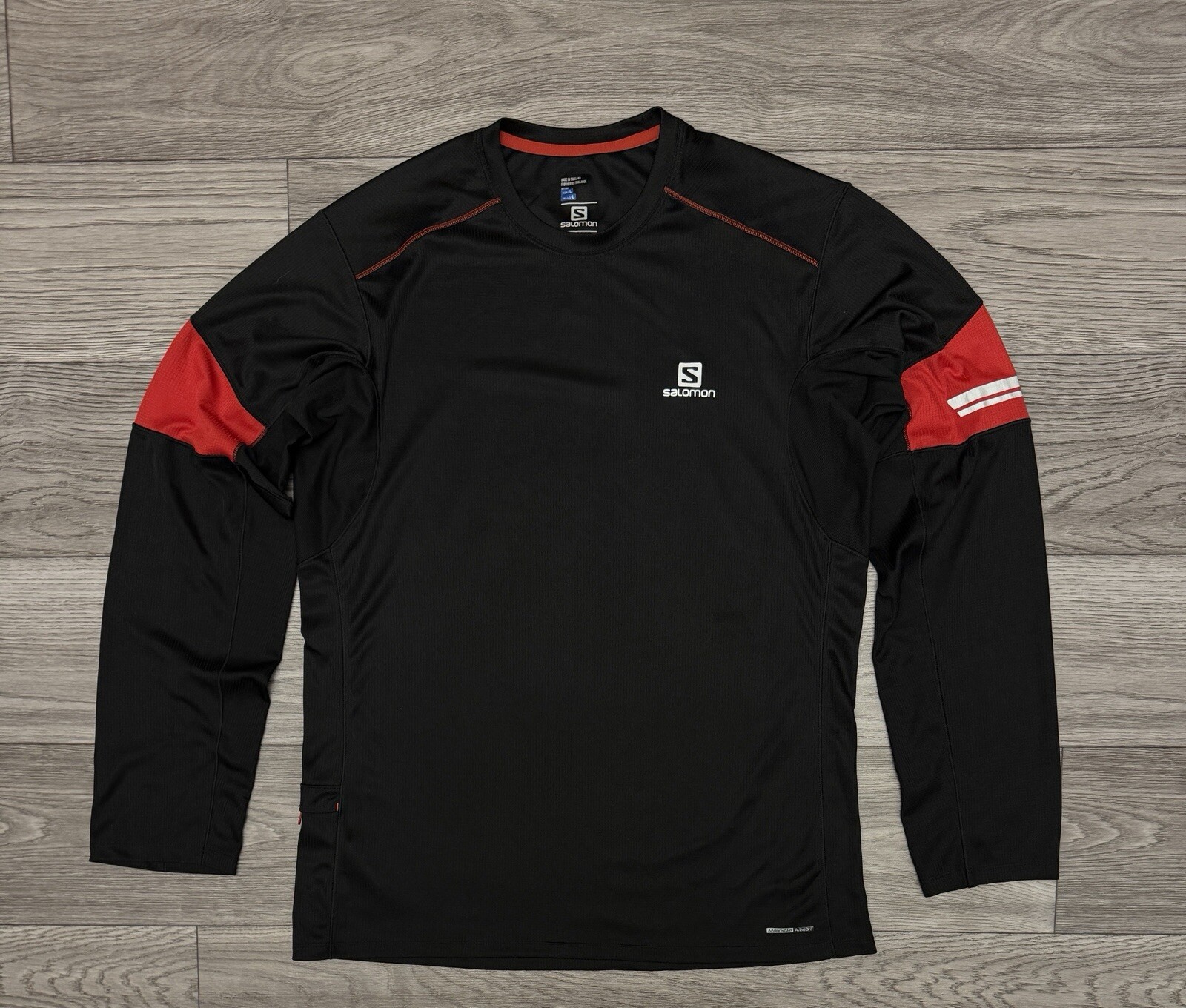 SALOMON Camicia Uomo Tg L Nera Rossa Riflettente Running Tasca Outdoor Manica Lunga