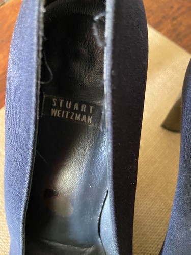Stuart Weitzman Size 7 B Womens Navy Fabric Square Toe Block Heel Pumps - Picture 2 of 7