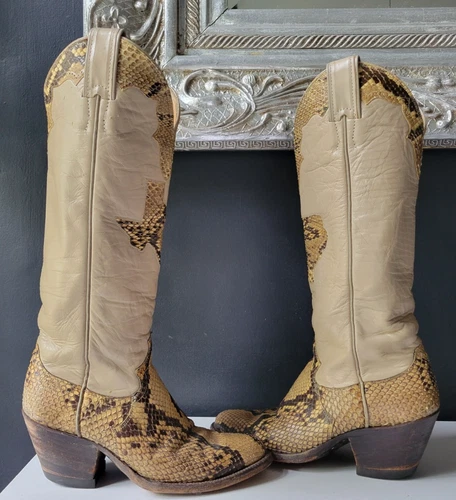 RARE VTG JUSTIN GENUINE SNAKESKIN & LEATHER TALL COWBOY BOOTS w/WOOD BLOCK HEEL