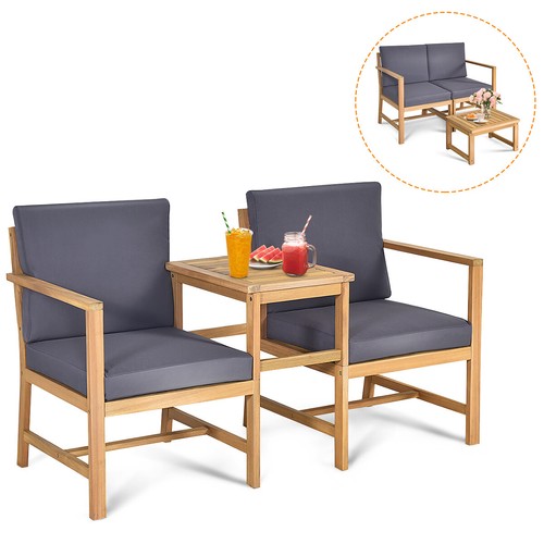 Patiojoy 3PCS Patio Table Chairs Set Solid Wooden Sectional Garden Furniture