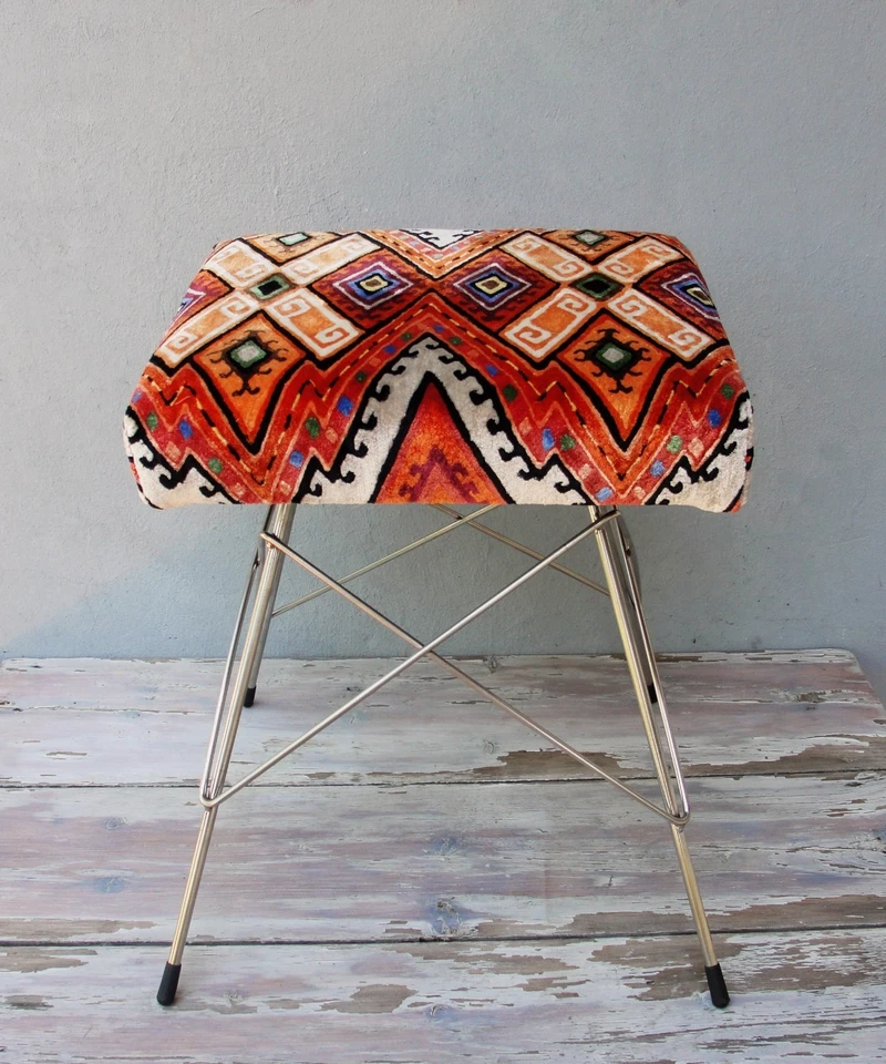 Mid-century Stool, Geometric Chair, Embroidered Stool, Pouf, Art Deco Style Vint - Image 2 of 4