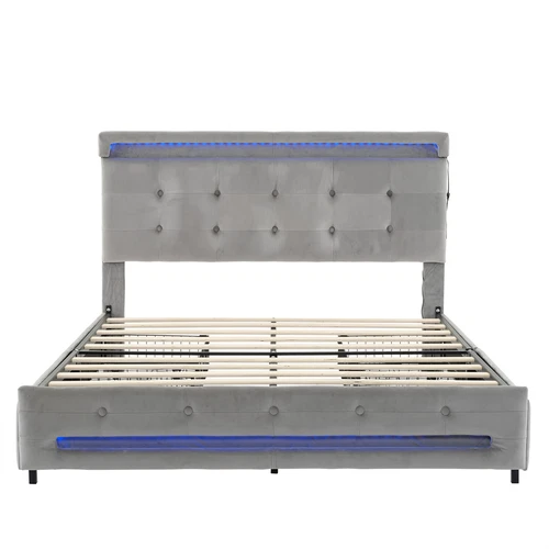 Upholstered 4FT6 Double Bed Frame with 4 Drawers LED Light Strips Velvet Fabric - Picture 13 of 15