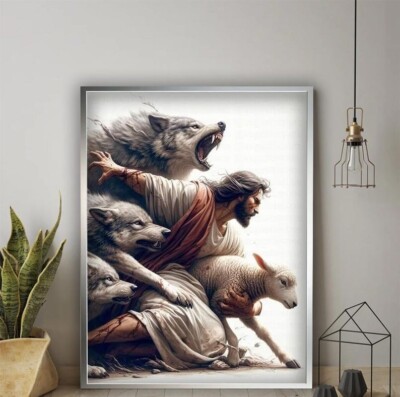 Divine Protection Print. Jesus Protecting the Lamb  Christian Wall Art -Unframed