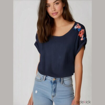 W5 Floral Embroidered Top Womens Large Blue Cuffed Boho Chic Festival Hippie USA