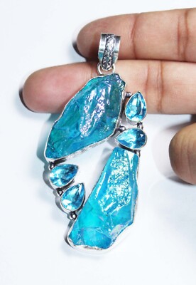 Sun Shine Druzy Hydro Blue Topaz Gemstone Handmade Jewelry Pendant Size 2.5 Inch
