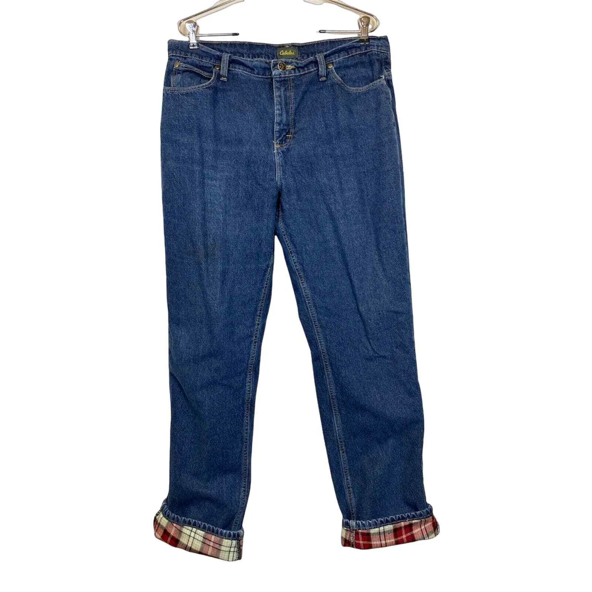 Cabela s Red Plaid Flannel Lined Jeans Women Sz 14T High Rise Straight Leg