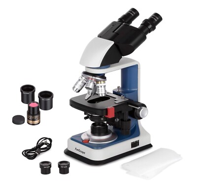 Amscope 40-2500X USB-C Rechargeable Binocular Compound Microscope+5MP Camera