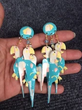 Statement Vtg 1987 Lunch At The Ritz  enamel parrot Gold Tone Earrings 4 1/2"