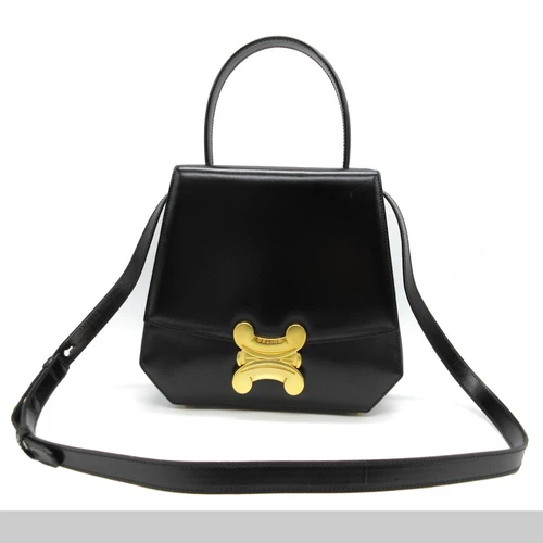 CELINE Triomphe Logo Shoulder Hand Bag Leather Black Gold Made In Italy M631