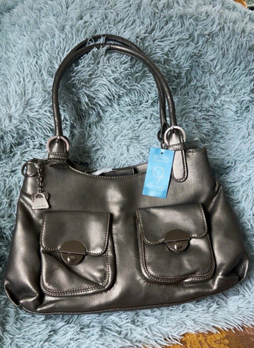 Nine West Metallic Silver Shoulder Bag Double Handles Magnetic Pockets Charm