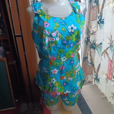 Vintage Floral Blue Sleeveless Top & Shorts Set 1960s Flower Power 