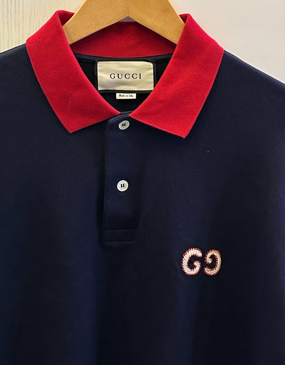 Gucci Logo Print GG Long Sleeve Polo Shirt In Navy Blue Size XL | eBay