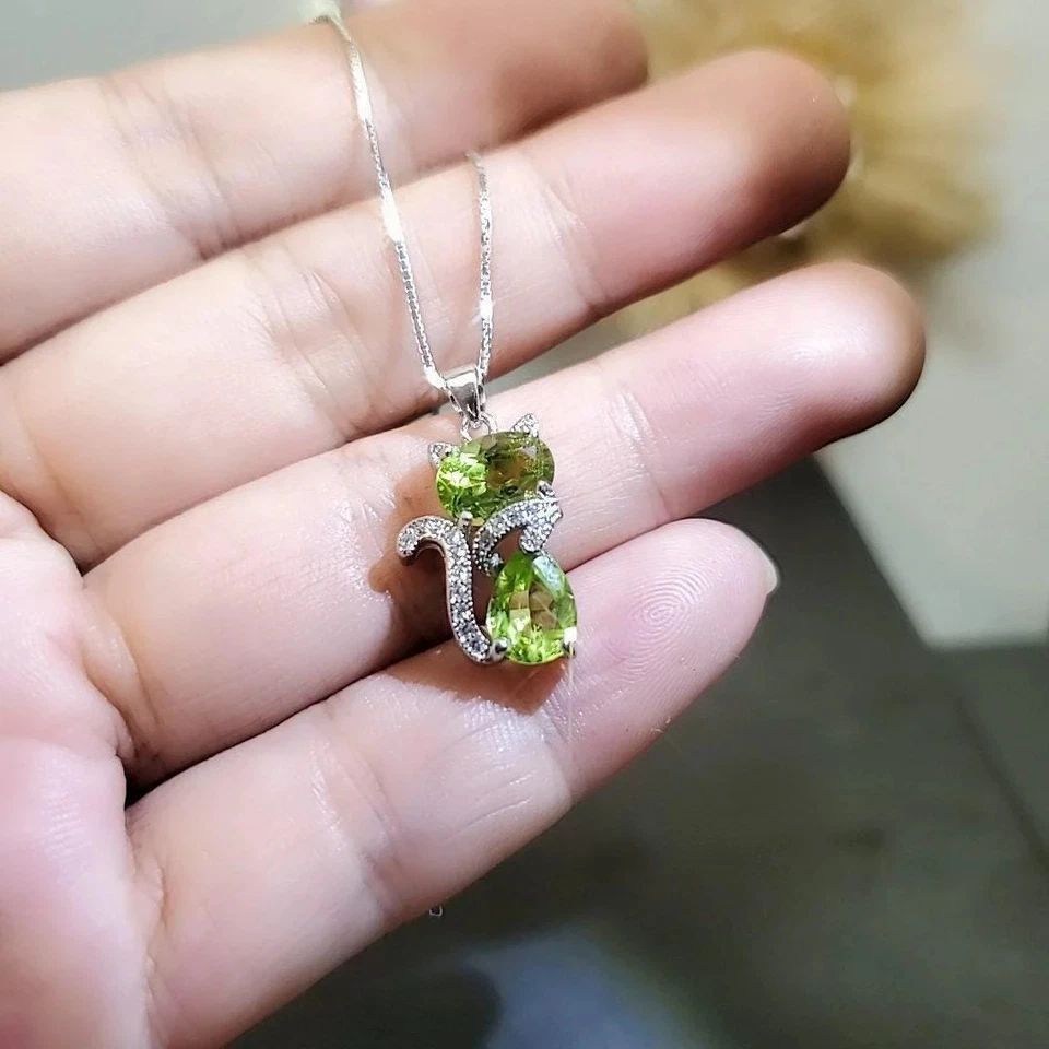 Genuine Peridot Necklace Sterling Silver Cat Kitty Necklace - Natural Green - Image 2 of 4