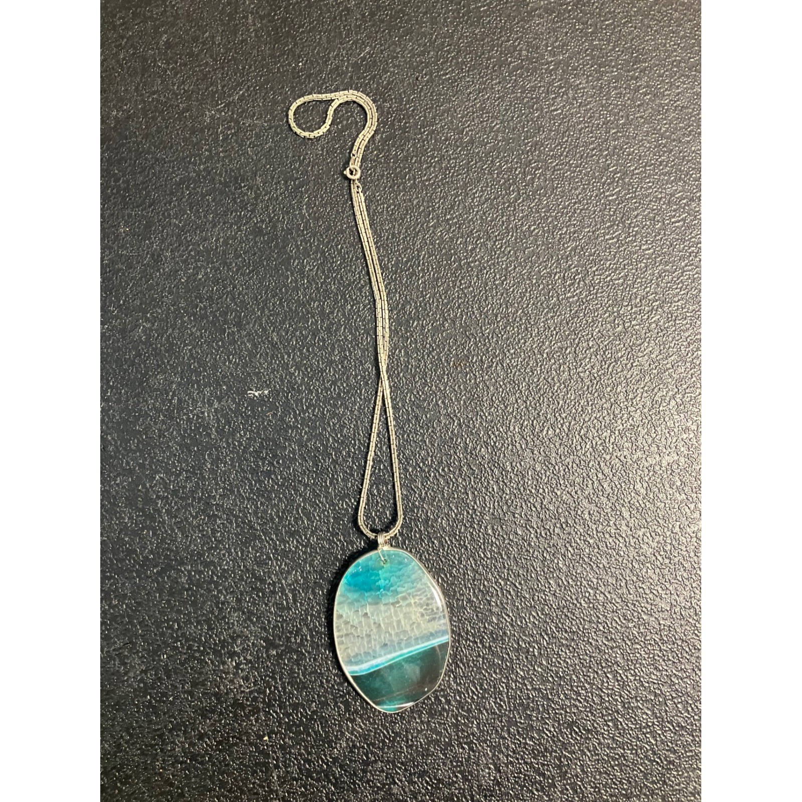 Blue Agate Slice Pendant Necklace Silver Tone Snake Chain Teal Turquoise Stone