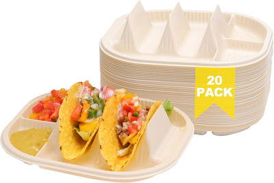 20 Pack Disposable Taco Holder with Dipping Sides, Biodegradable Cornstarch, Fit