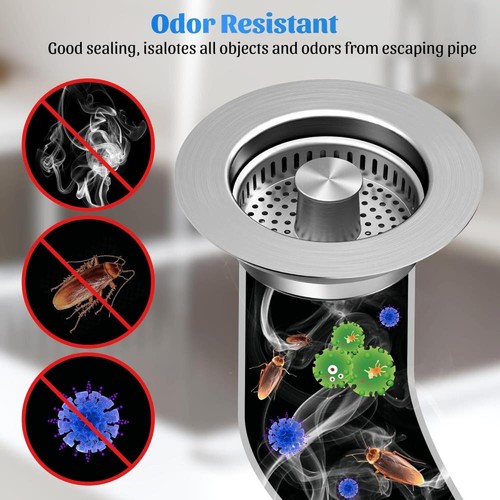 3 in 1 Kitchen Sink Drain Strainer Stopper Combo Pop Up Basket Stainless Steel } - Picture 4 of 13