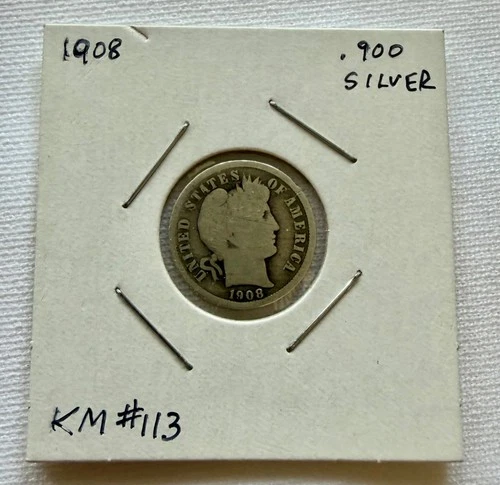 1908 Silver Dime  - "Barber Dime" - KM # 113 - Silver coin - .900 Silver - USA