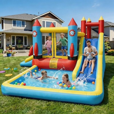 Kids Inflatable Bounce House 2 Slides Splash Pool Climbing Wall with 480W Blower