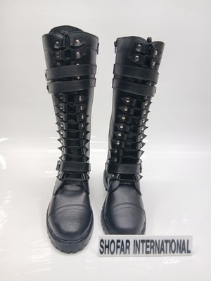 Black Leather Gothic Punk Rock Boots with Straps and Studded Design