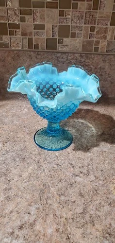 Vintage Fenton Blue Opalescent Hobnail Glass Compote Bowl
