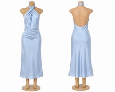 Show Me Your Mumu Jasmine Halter Midi Dress Women XS Steel Blue Luxe Satin Lined