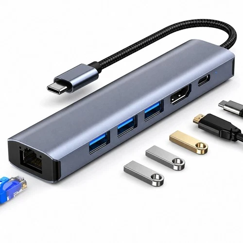 H32C USB-C Hub 6in1, 3x USB 3.0, USB-C PD, HDMI, RJ45 Gigabit Ethernet Adapter