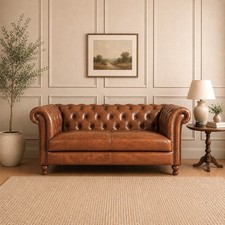 Tan Brown Real Hide Leather Chesterfield 2 Seater Sofa Button Tufted Couch Unit