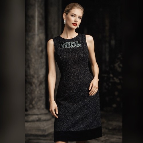 Moschino, Moschino Vintage 90s Textured Black Sheath Dress Velvet Trim Size 8 Deadstock
