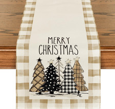 Watercolor Brown Buffalo Christmas Trees Merry Xmas Table Runner, Seasonal Wint