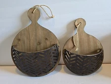 Farmhouse Rustic Wood & Metal Chevron Hanging Wall Pocket/Baskets Set Of 2 Rope
