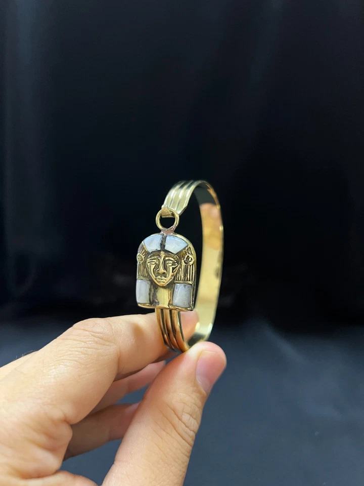 Gold Egyptian Bracelet with White Enamel King Tut Mask Pharaoh Cuff - Image 2 of 4