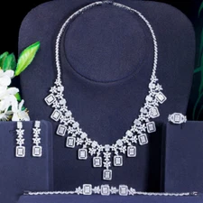 Silver Plated Cubic Zirconia Necklace Earrings Bracelet Ring Fine CZ Jewelry Set