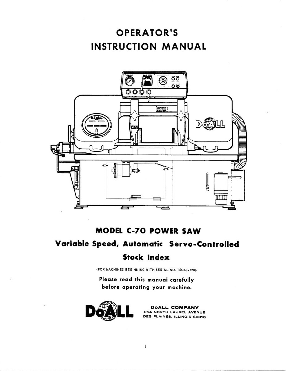 DoAll Model C-70 Band Saw s/n's 156-682128 to 156-732648 Instruct