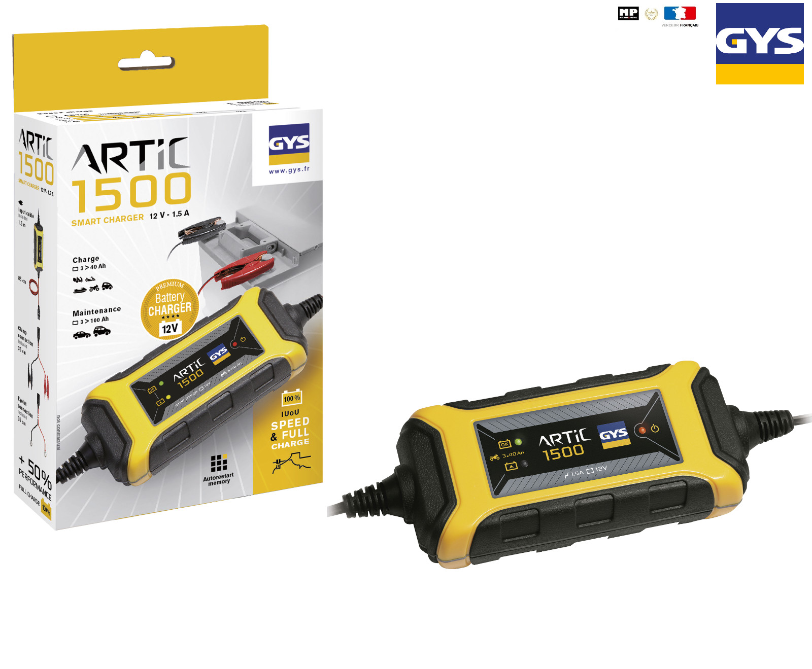 Chargeur de batterie GYS ARTIC 1500 12v pour hivernage moto et tondeuse 12V